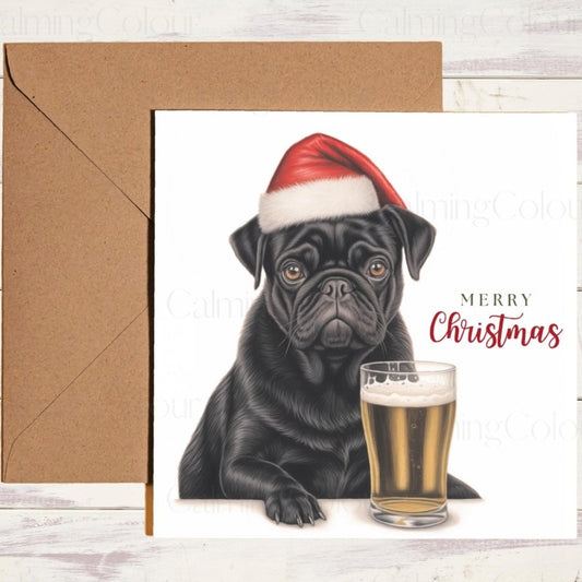 Black Pug with Pint | Christmas Greeting Card | Christmas Card
