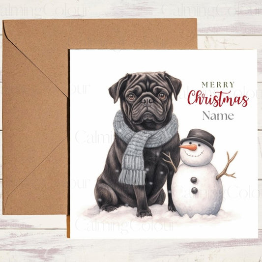 Black Pug with Snowman | Personalised Christmas Card | Christmas Card