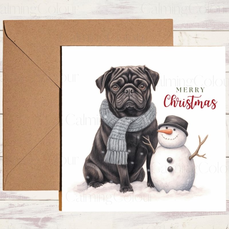 Black Pug with Snowman | Personalised Christmas Card | Christmas Card