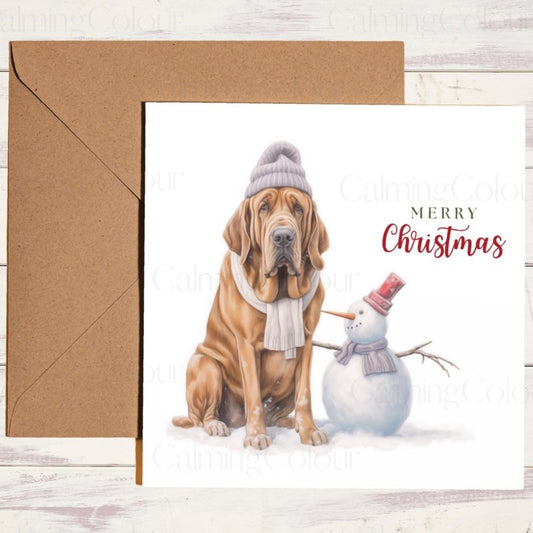 Bloodhound with Snowman | Christmas Card | Christmas Card