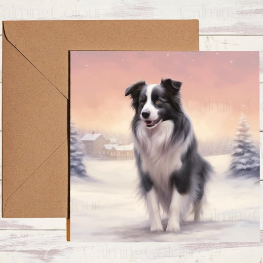 Border Collie in Snowy Sunset | Christmas Card | Christmas Card