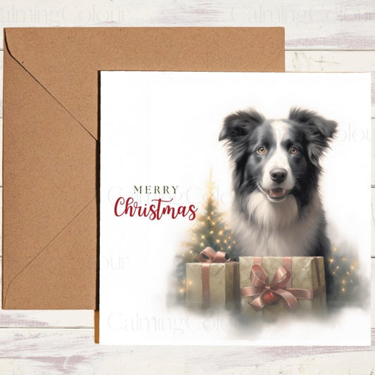 Border Collie with Mini Christmas Tree | Christmas Card | Christmas Card