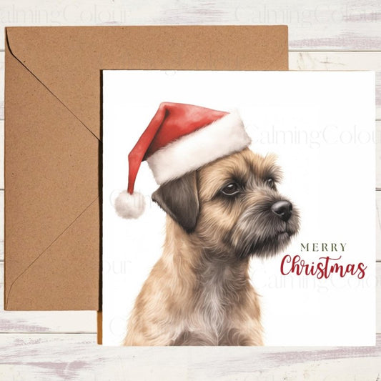 Border Terrier | Dressed in Santa Hat Christmas Card | Christmas Card