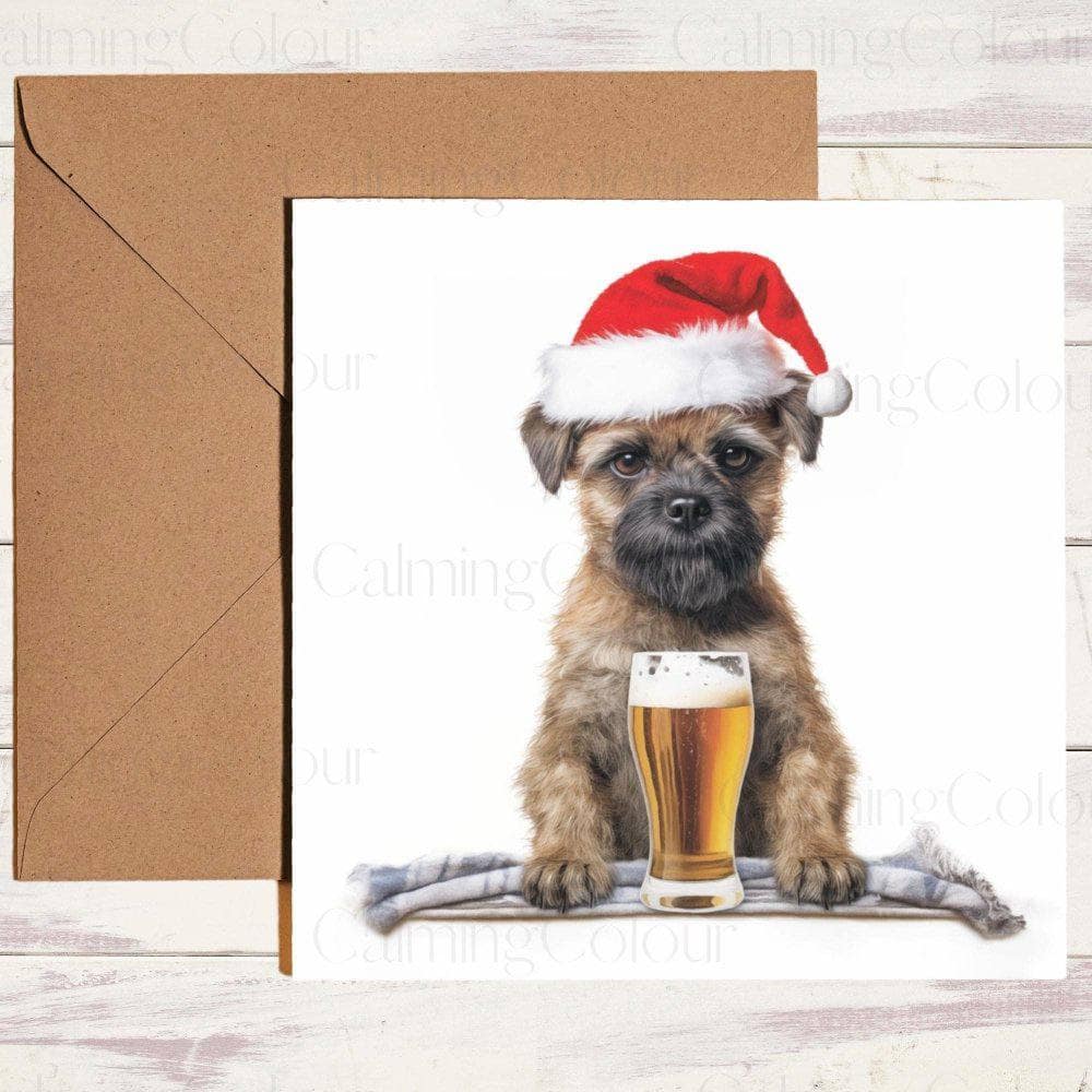 Border Terrier wearing Red Santa Hat, Having a Pint | Christmas Card | Christmas Card