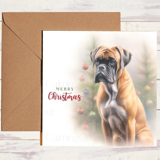 Boxer beside Christmas Tree | Christmas Card | Christmas Card