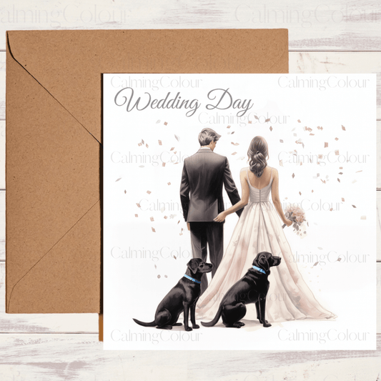 Bride & Groom With Two Black Labradors | Wedding Card | Wedding Card