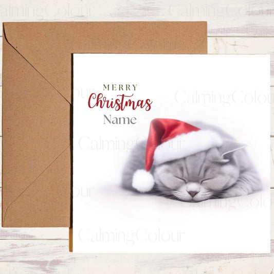 British Shorthair Cat Sleeping in Santa Hat | Christmas Card | Christmas Card