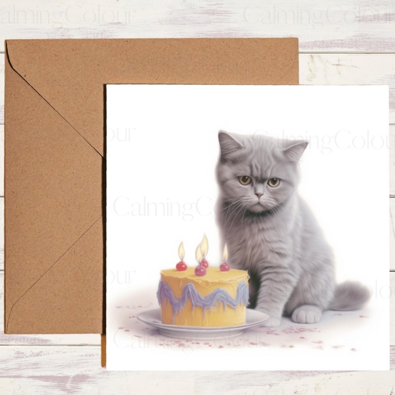 British Shorthair Cat with Colourful Cake | Birthday Card | Birthday Card