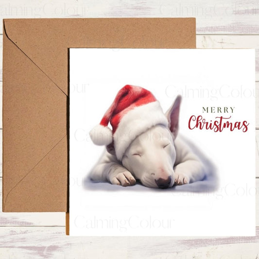 Bull Terrier Sleeping in Santa Hat | Christmas Card | Christmas Card