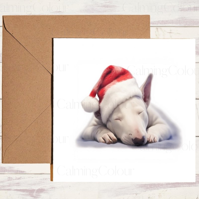 Bull Terrier Sleeping in Santa Hat | Christmas Card | Christmas Card