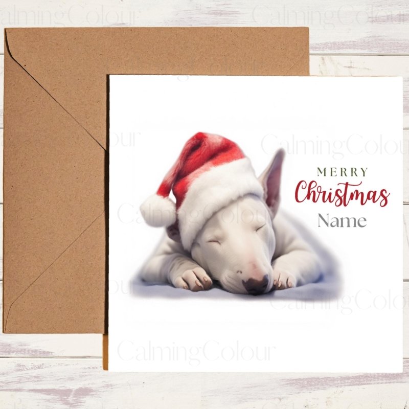 Bull Terrier Sleeping in Santa Hat | Christmas Card | Christmas Card