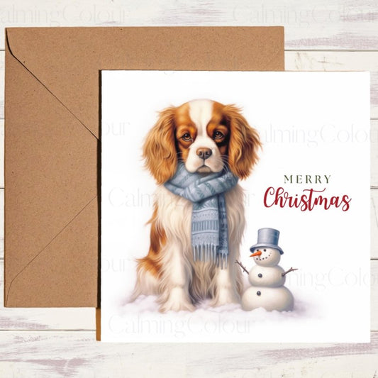 Cavalier King Charles Spaniel by Snowman | Christmas Card | Christmas Card