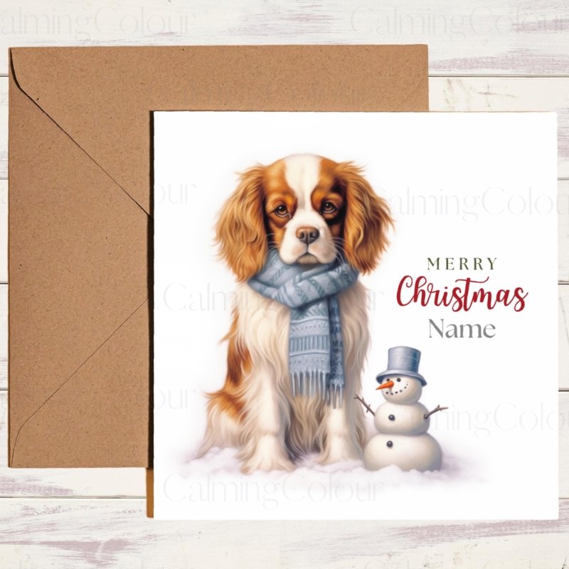 Cavalier King Charles Spaniel by Snowman | Christmas Card | Christmas Card