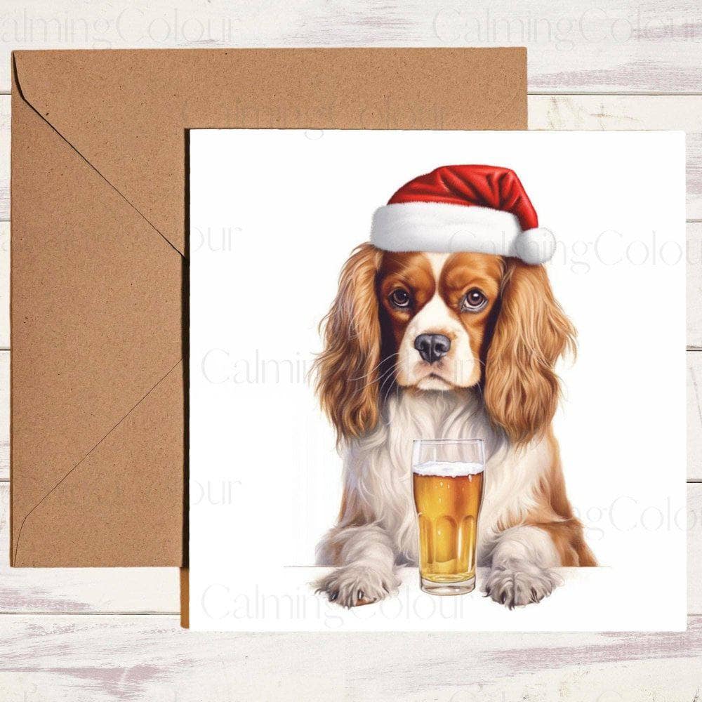 Cavalier King Charles Spaniel wearing Red Santa Hat with a Pint | Christmas Card | Christmas Card