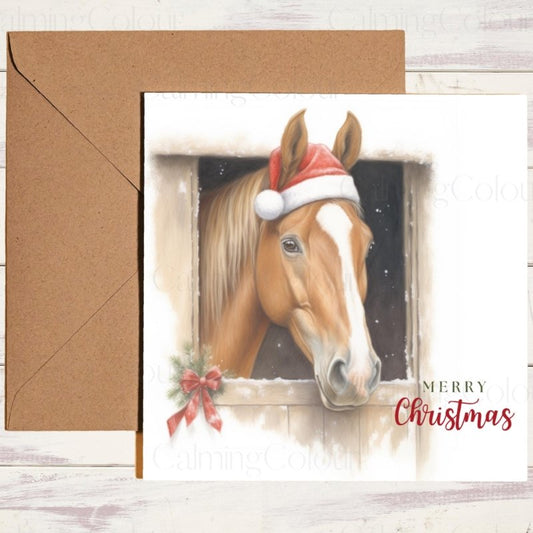 Chestnut Horse in Stable with Santa Hat | Christmas Card | Christmas Card
