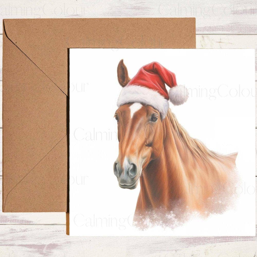 Chestnut Horse with a Red Santa Hat | Christmas Card | Christmas Card