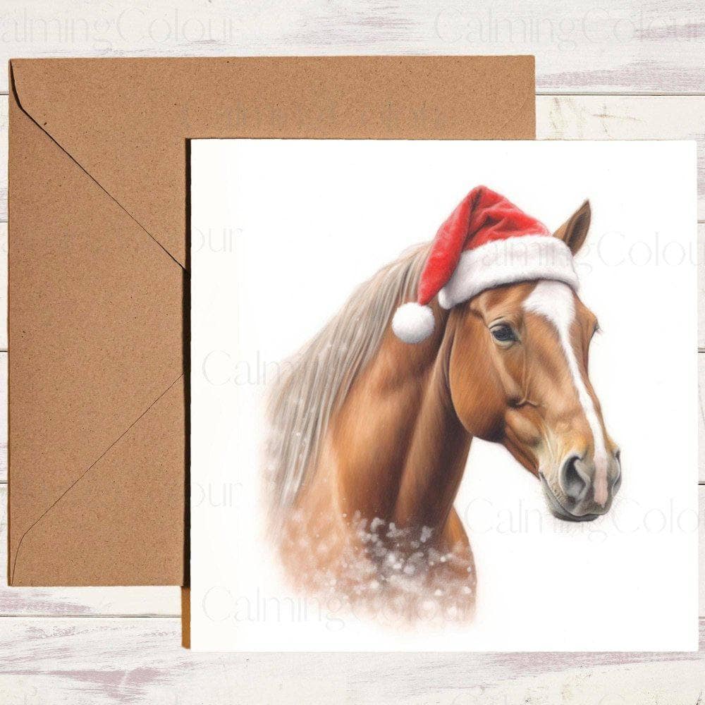 Chestnut Horse with Red Santa Hat | Christmas Card | Christmas Card