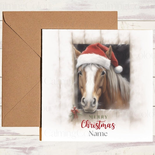 Chestnut Horse with Santa Hat | Christmas Card | Christmas Card