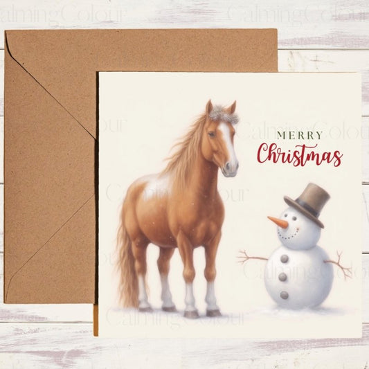 Chestnut Horse with Snowman | Christmas Card | Christmas Card