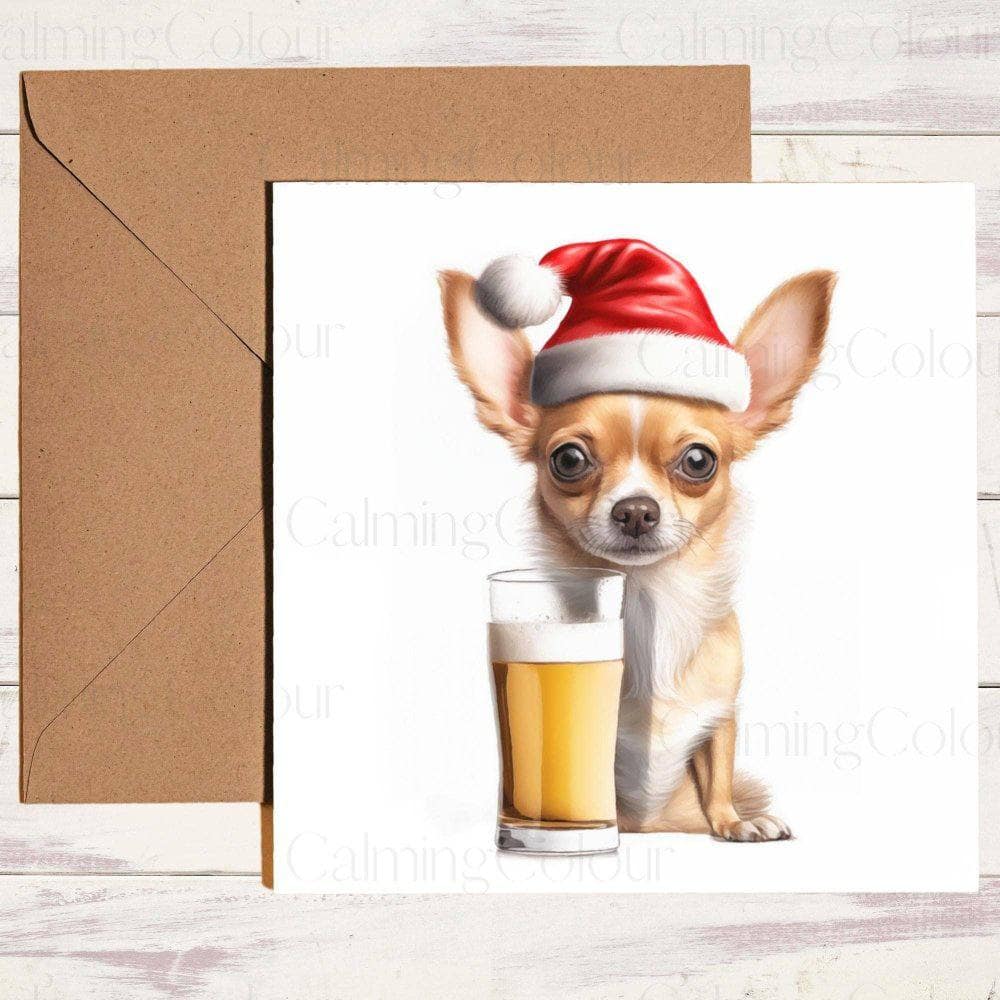 Chihuahua wearing Red Santa Hat with a Pint | Christmas Card | Christmas Card