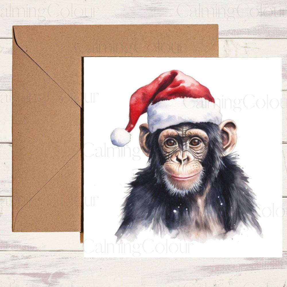 Chimpanzee wearing Red Santa Hat | Christmas Card | Christmas Card
