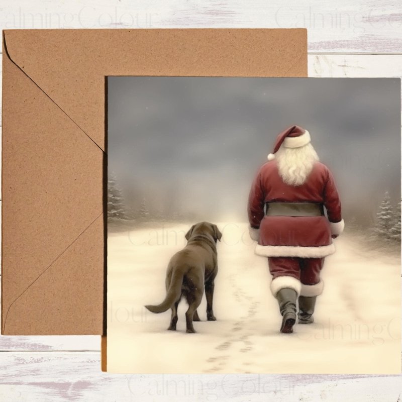 Chocolate Labrador Walking with Santa Christmas Card | Christmas Card