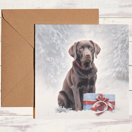 Chocolate Labrador with Gift | Christmas Greeting Card | Christmas Card