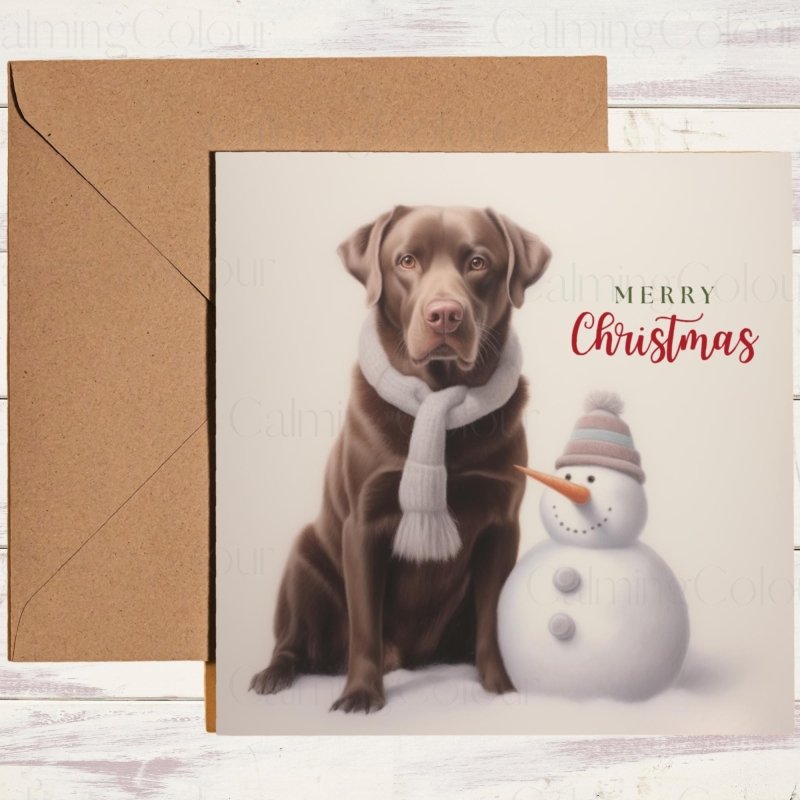 Chocolate Labrador with Snowman | Personalised Christmas Card | Christmas Card