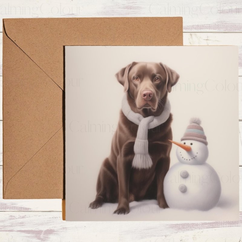 Chocolate Labrador with Snowman | Personalised Christmas Card | Christmas Card