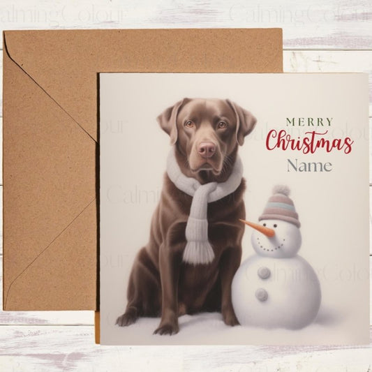 Chocolate Labrador with Snowman | Personalised Christmas Card | Christmas Card