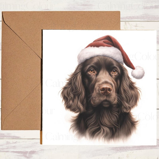 Chocolate Sprocker Spaniel in Santa Hat | Christmas Card | Christmas Card