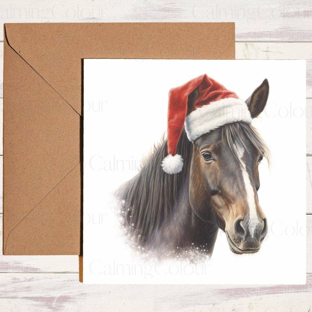 Dark Brown Horse wearing Red Santa Hat | Christmas Card | Christmas Card