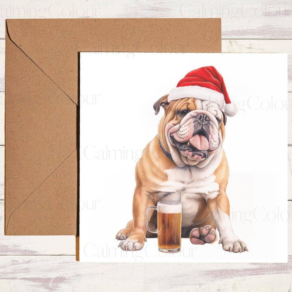 English Bulldog Smiling with a Pint and wearing Red Santa Hat | Christmas Card | Christmas Card