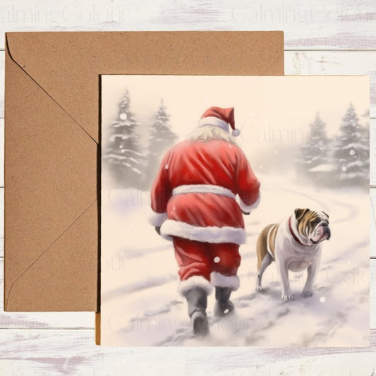 English Bulldog Walking with Santa | Christmas Card | Christmas Card