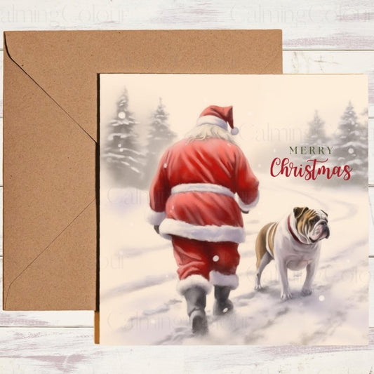 English Bulldog 'Walking with Santa' | Christmas Card | Christmas Card
