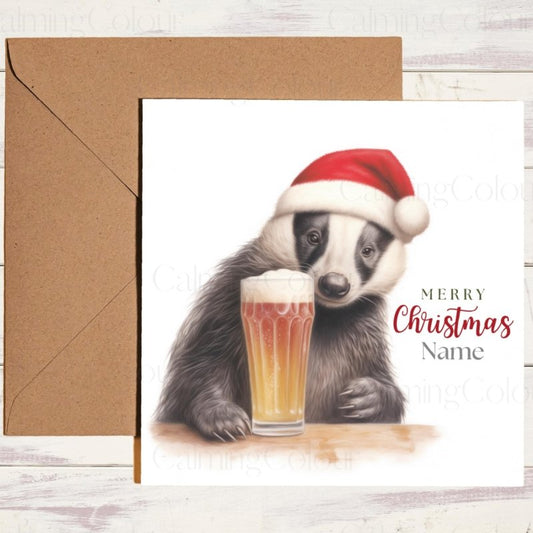 Festive Badger with Pint | Christmas Greeting Card | Christmas Card