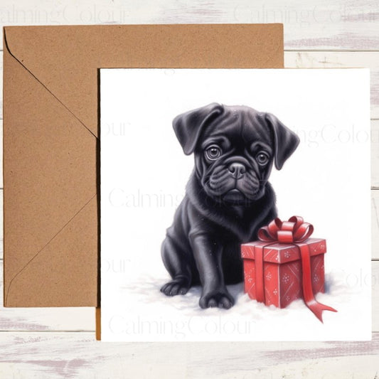 Festive Black Pug Christmas Card with Red Gift | Christmas Card