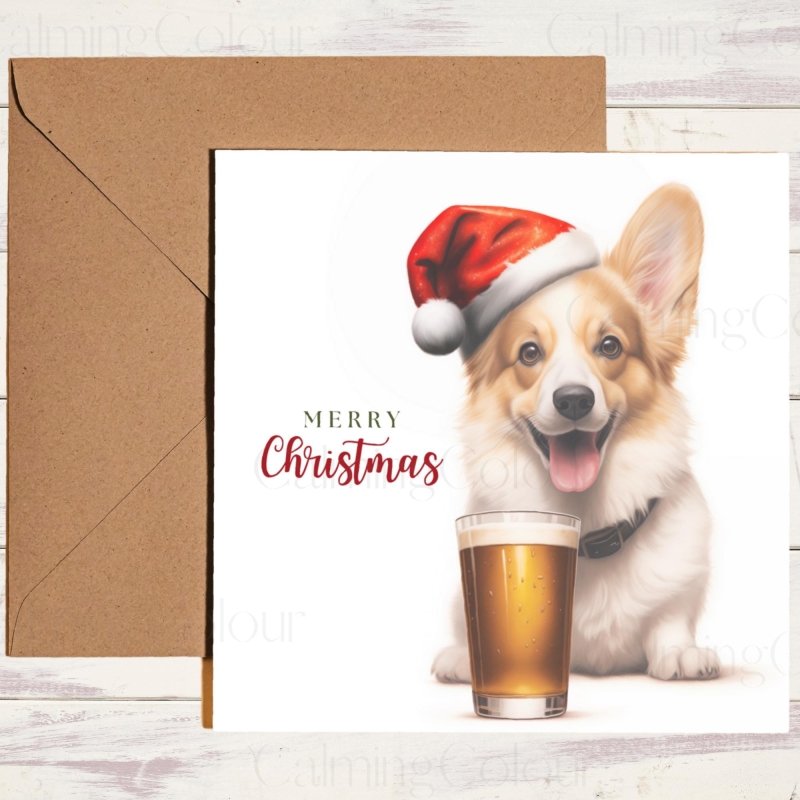 Festive Corgi with Santa Hat and Pint | Christmas Card | Christmas Card