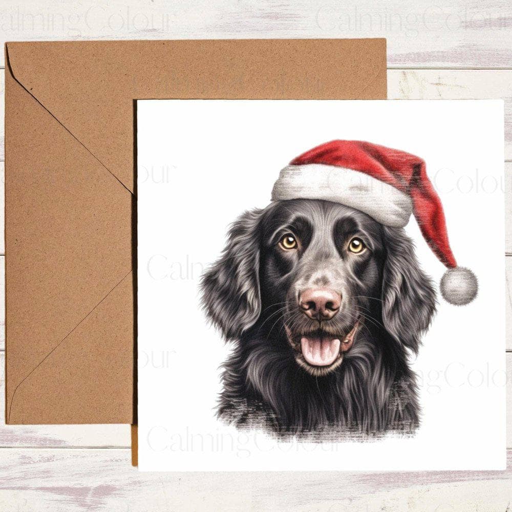 Flat - Coated Retriever wearing Red Santa Hat | Christmas Card | Christmas Card