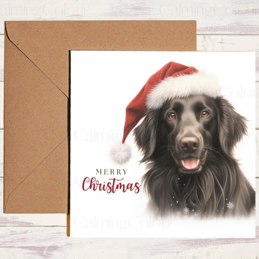 Flat - Coated Retriever wearing Santa Hat Christmas Card | Christmas Card