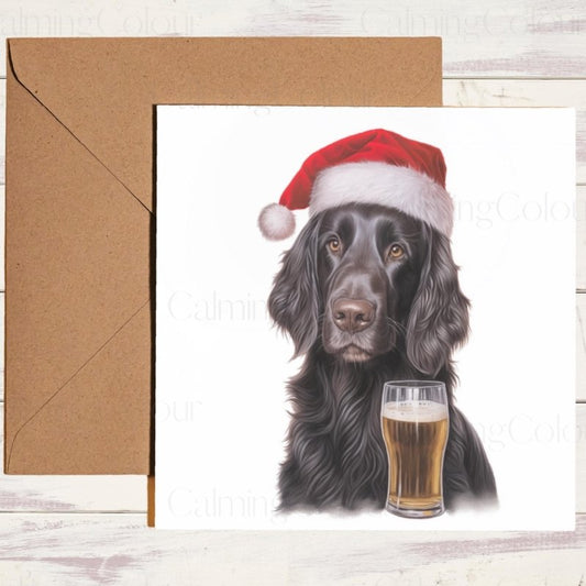 Flat - Coated Retriever with Pint & Santa Hat | Christmas Card | Christmas Card