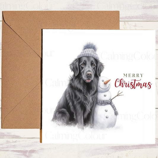 Flat - Coated Retriever with Snowman | Christmas Card | Christmas Card