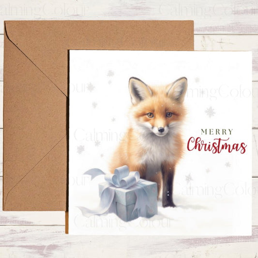 Fox with Gift | Christmas Card | Snowy Scene | Christmas Card