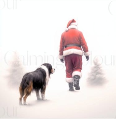Framed Art Print | Bernese Mountain Dog Walks with Santa | Christmas Gift | Calming Colour