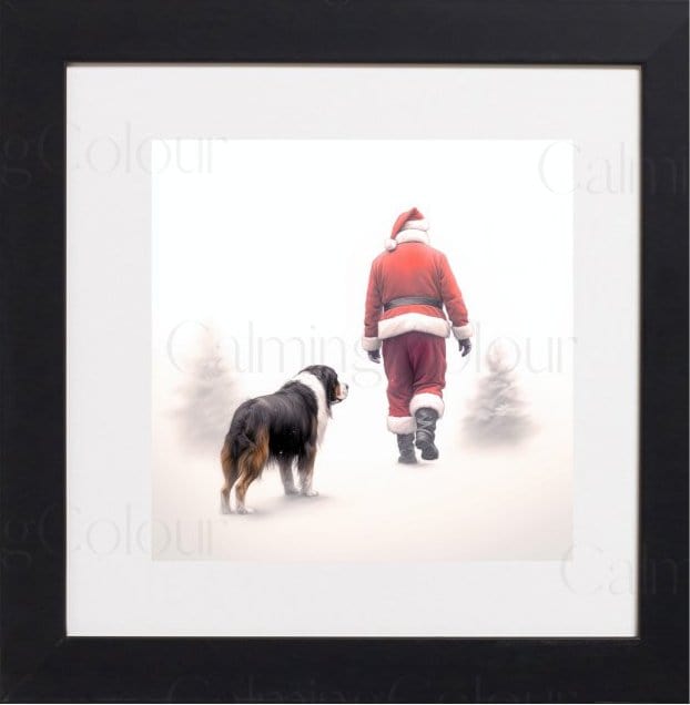 Framed Art Print | Bernese Mountain Dog Walks with Santa | Christmas Gift | Calming Colour