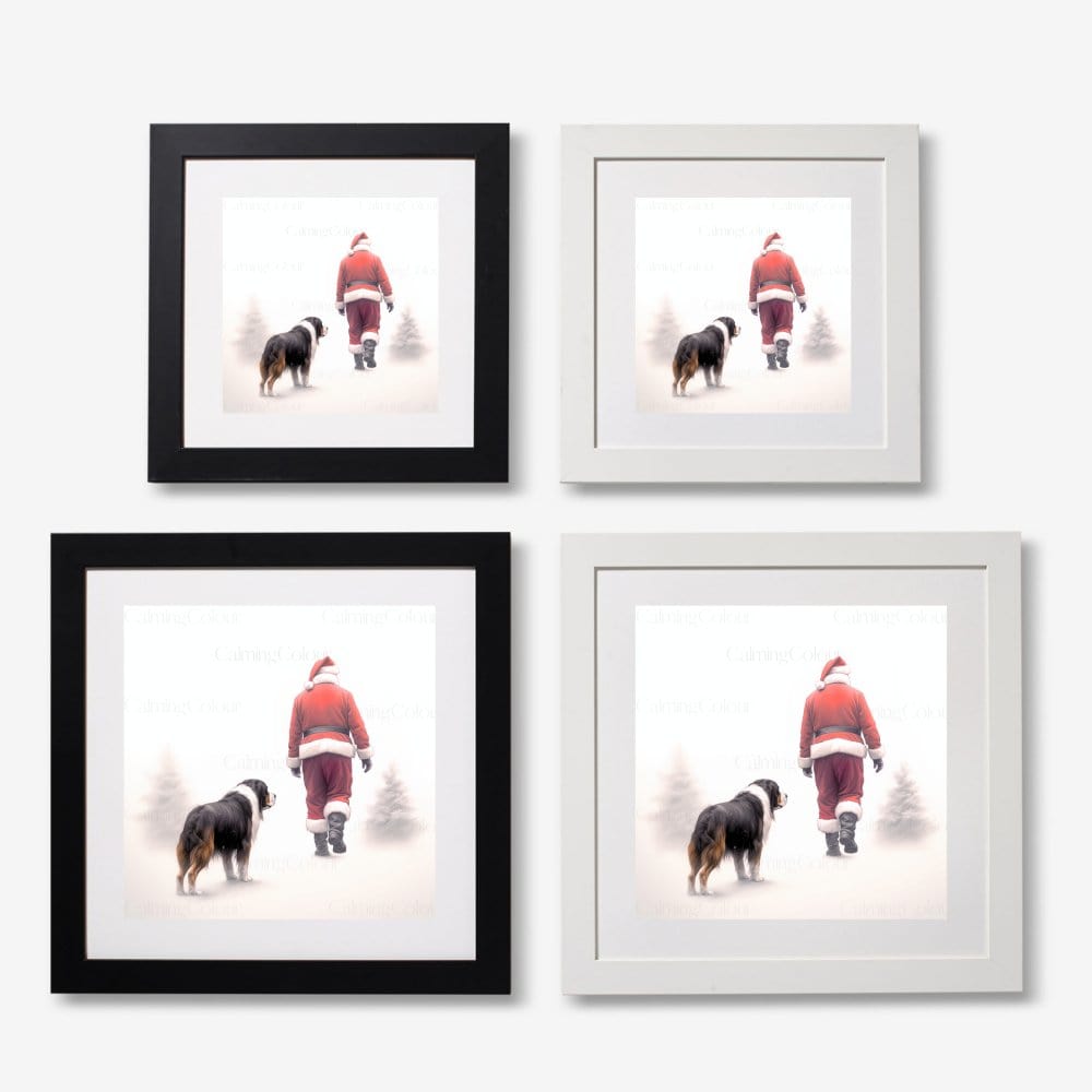 Framed Art Print | Bernese Mountain Dog Walks with Santa | Christmas Gift | Artwork - Framed Print
