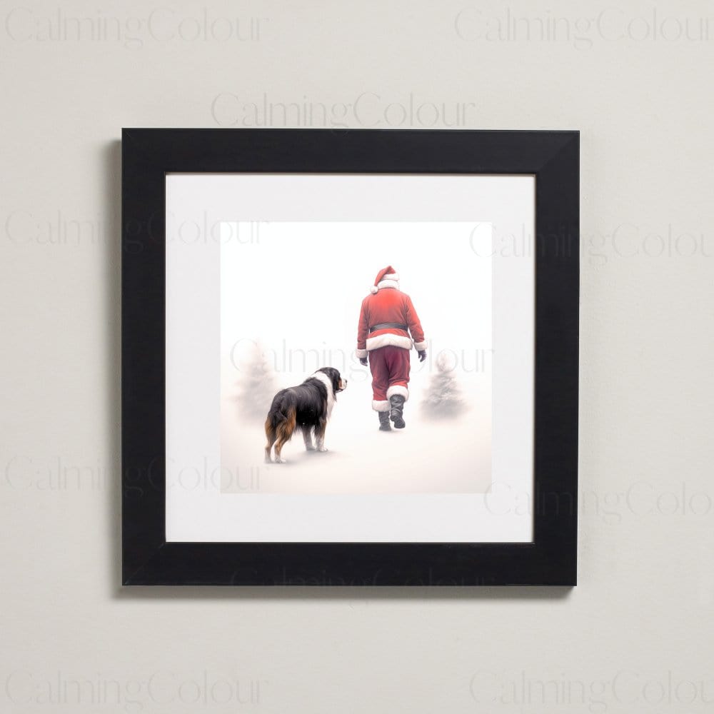 Framed Art Print | Bernese Mountain Dog Walks with Santa | Christmas Gift | Artwork - Framed Print