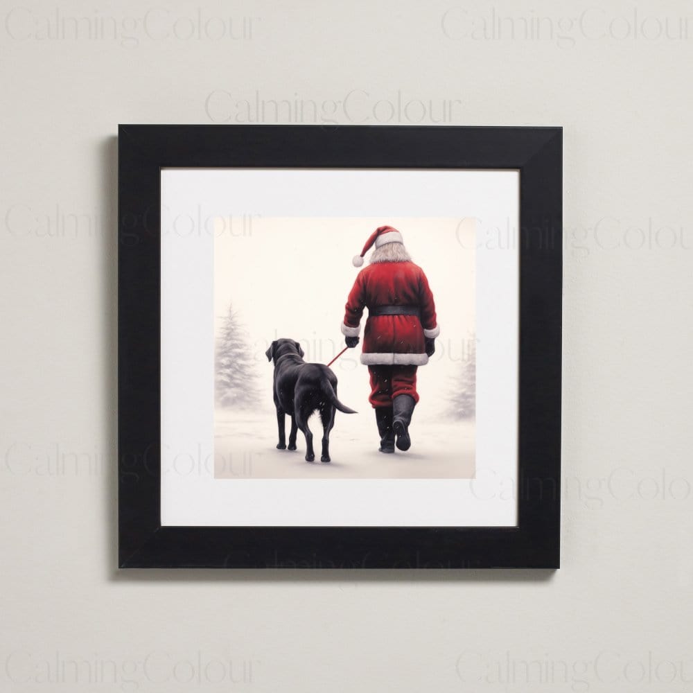 Framed Art Print | Black Labrador Walks with Santa | Christmas Gift | Artwork - Framed Print