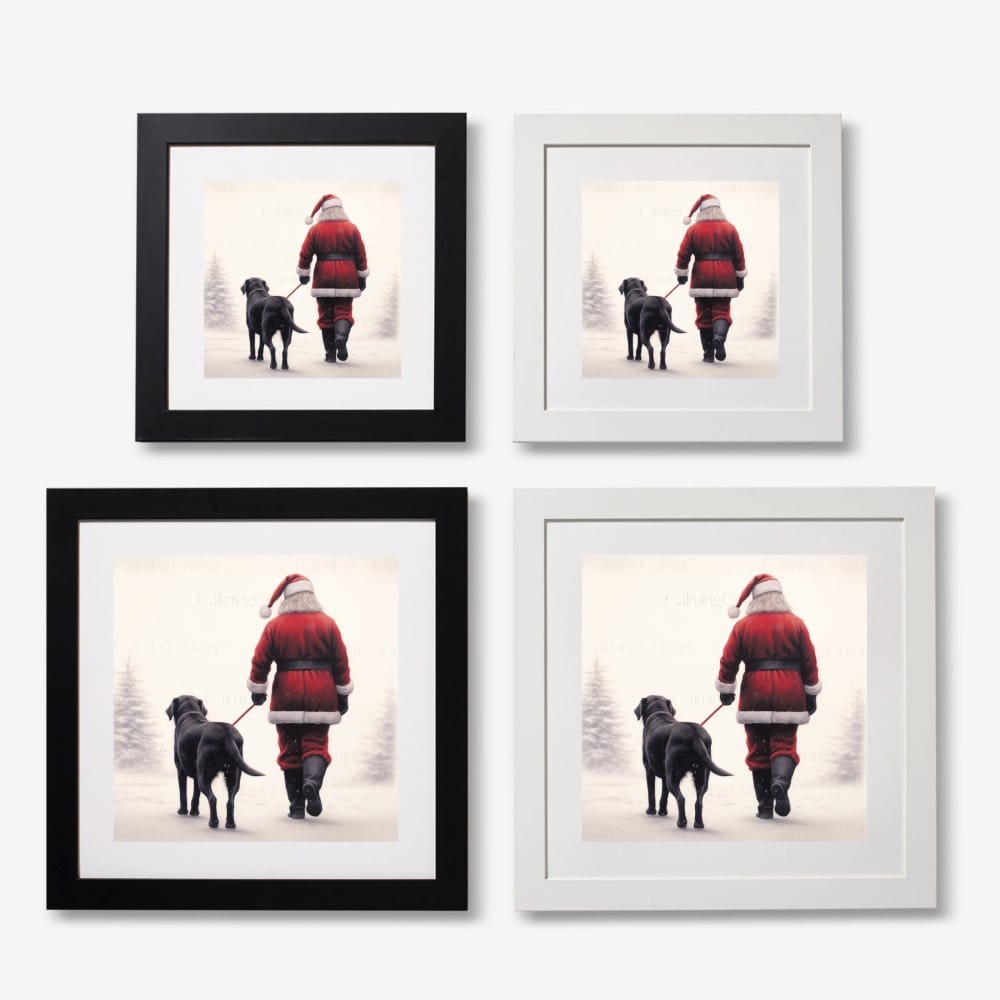 Framed Art Print | Black Labrador Walks with Santa | Christmas Gift | Artwork - Framed Print