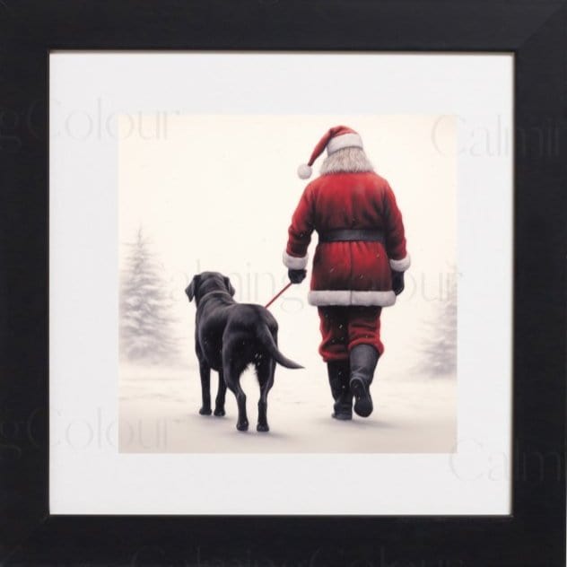 Framed Art Print | Black Labrador Walks with Santa | Christmas Gift | Calming Colour